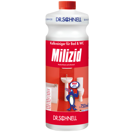 Die 750 ml Flasche Dr. Schnell MILIZID KALKREINIGER der DR.SCHNELL GmbH & Co. KGaA mit rot-weißem Etikett und Badmotiv ist ein kraftvoller Entkalker für die Reinigung von Bad und Toilette.