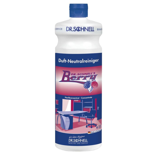 Die weiße Flasche von Dr. Schnell DR.SCHNELL'S BERRY der DR.SCHNELL GmbH & Co. KGaA mit blauem Verschluss und Etikett, Beerengrafik und Beerenduft unterstreicht seine Eignung für die Reinigung von Büro- und Innenräumen.