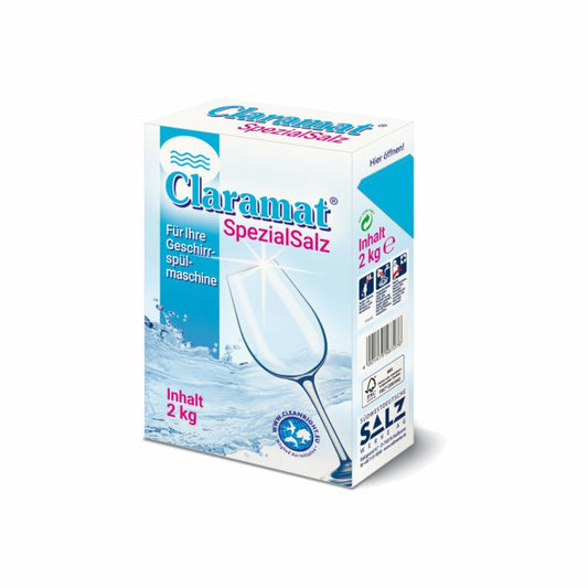 Vorgestellt wird eine 2 kg Packung Arcora Claramat Try Spezialsalz Für Alle Geschirrspülmaschinen von Arcora International GmbH. Die weiß-blaue Packung mit Glas und Wasserspritzer fördert die effektive Kalkentfernung für glänzendes Geschirr.