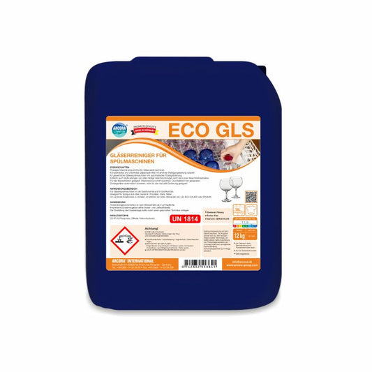 Eine blaue 12-kg-Packung Arcora Eco-Gls Gläserreiniger Für Spülmaschinen der Arcora International GmbH weist mit Gefahrensymbolen, deutschen Hinweisen und einem Etikett mit sauberen Gläsern und Blaubeeren auf die umweltfreundliche Rezeptur hin.