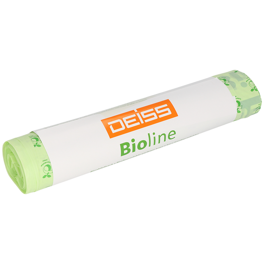 Eine ungeöffnete Rolle EMIL DEISS KG (GmbH + Co.) DEISS 6071 biologisch abbaubare Beutel (500+450x1250x0,022mm, natur) mit weiß-orangem "DEISS Bioline"-Etikett; enthält 5 fest verpackte Beutel pro Rolle.