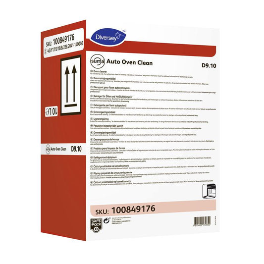 Ein weiß-roter 5-Liter-Kanister Diversey Suma Auto Oven Clean D9.10, ein hochalkalischer Reiniger für automatische Konvektomatenreinigung von Diversey Deutschland GmbH & Co. OHG, mit mehrsprachigen Anweisungen und SKU 100849176.