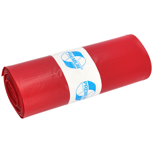 Ein eng gerolltes Bündel DEISS Müllsäcke 575x1000x0,01 mm aus LDPE 70 l der EMIL DEISS KG (GmbH + Co.), mit einem weiß-blauen "PREMIUM"-Etikett in der Mitte, steht vor einem schlichten weißen Hintergrund.