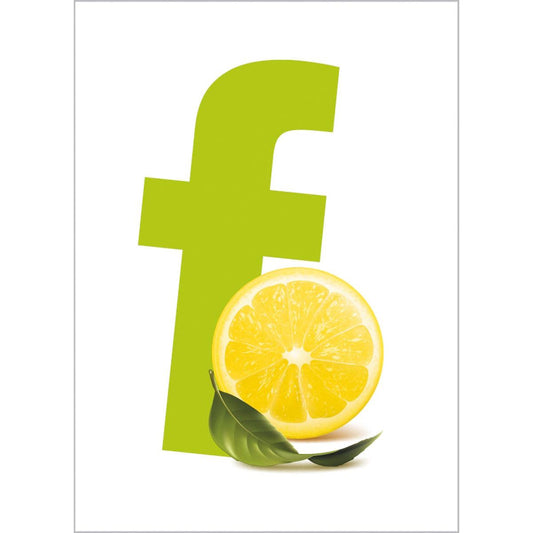 Ein großes grünes "f" steht hinter einer nach vorne gerichteten Halbzitrone und einem grünen Blatt auf weißem Hintergrund - perfekt eingefangen die Zitronenduft und Frische der Duni GmbH Erfrischungstücher 71x51 mm, Lemon (1000 Stück) für unterwegs.