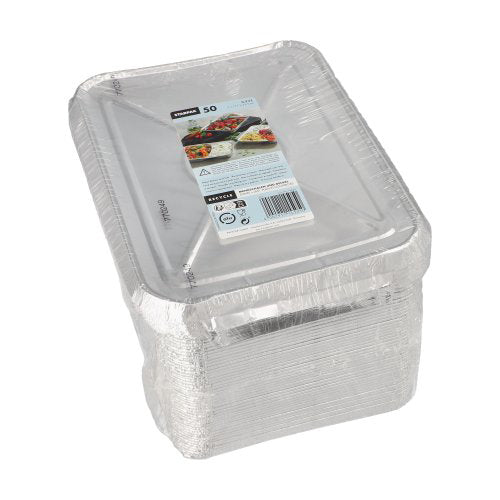 Ein Stapel Starpak 50 Menüschalen + Deckel, Alu in einer Verpackung mit durchsichtigen Deckeln; das Etikett zeigt das Starpak-Branding und Bilder der für Lebensmittel verwendeten Aluminiumschalen – ideal für den Gastronomiebereich.