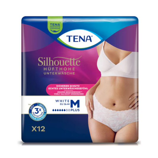 Eine Packung TENA Silhouette Plus White Inkontinenzpants von TENA – Essity Germany GmbH, Größe M, zeigt auf der Verpackung eine Frau, die das Produkt trägt. Sie hebt Schutz bei Blasenschwäche und Tragekomfort hervor und enthält 12 Stück.