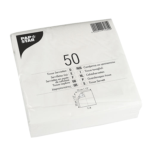 Eine versiegelte Packung mit 50 PAPSTAR GmbH Servietten 1/4-Falz, 33x33 cm, weiß, 2-lagig in einer Folienverpackung mit mehrsprachig aufgedruckten Produktangaben und Maßangaben.