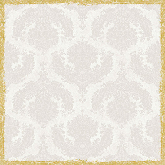Ein hellgrauer Damasthintergrund mit verschnörkelten floralen Formen wird von einem strukturierten Goldrahmen eingefasst, der an die Dunicel Mitteldecke 84x84 cm, Royal White | Packung (20 Stück) der Duni GmbH erinnert.