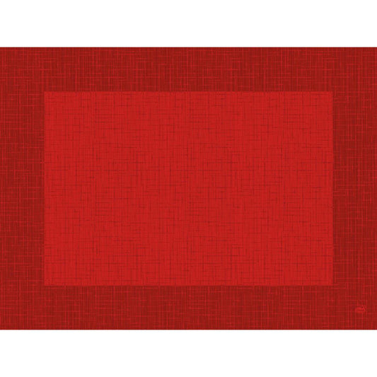 Die Dunicel-Tischsets 30 x 40 cm Linnea rot der Duni GmbH sind rote, quadratische Tischsets mit einem umrandeten, strukturierten Gittermuster und einem kleinen Logo in der rechten unteren Ecke. Jede Packung enthält 100 Stück.