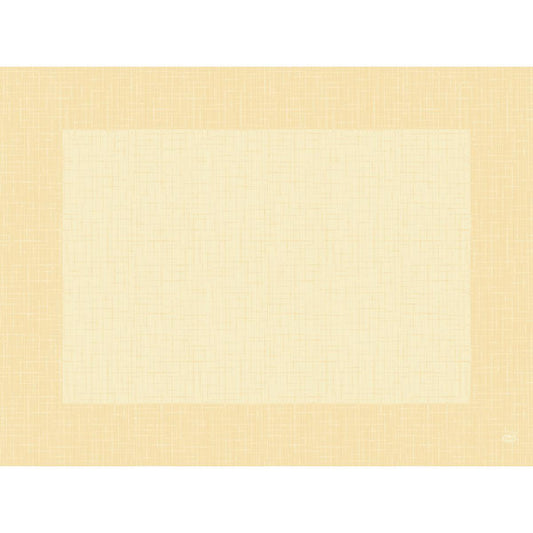 Ein digitales Bild mit einem großen, cremefarbenen Quadrat auf einem hellbeigen, schraffierten Hintergrund, das den raffinierten Stil der Dunicel-Tischsets 30 x 40 cm Linnea creme von Duni GmbH widerspiegelt. In der rechten unteren Ecke erscheint ein dezentes, rundes Logo.