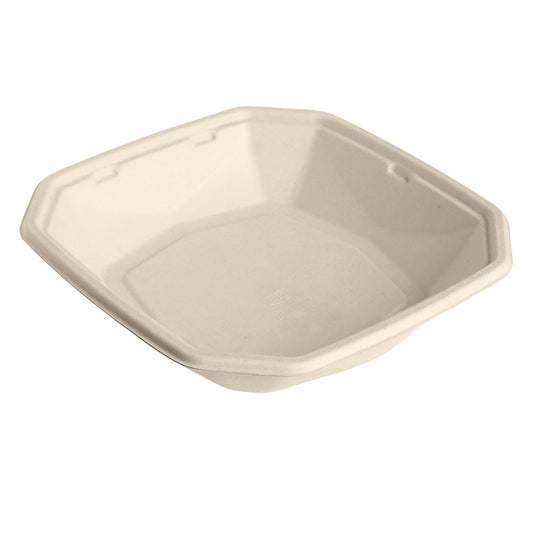 Die Octabagasse Schale 1000 ml Braun Bagasse 224x224x42 von Duni GmbH ist eine beige, quadratische, biologisch abbaubare Schale aus nachhaltiger Verpackung. Sie ist leer und steht auf einem weißen Hintergrund. Jede Packung enthält 50 Stück.