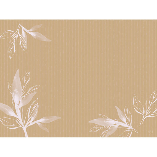 Ein hellbrauner Hintergrund mit dünnen vertikalen Linien und weißen, halbtransparenten Blattmustern in drei Ecken. Die leere Mitte macht die Papier-Tischsets 30x40 cm Eco Leaves der Duni GmbH ideal für umweltfreundlich gedeckte Tische. Packung: 250 Stück.