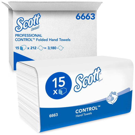 Eine Schachtel Scott® CONTROL™ Falthandtücher - Weiß von Kimberly-Clark GmbH enthält 15 Packungen mit je 212 Blatt (insgesamt: 3.180 Blatt) zum hygienischen Händetrocknen. Die Produktnummer 6663 ist auf der Verpackung sichtbar.