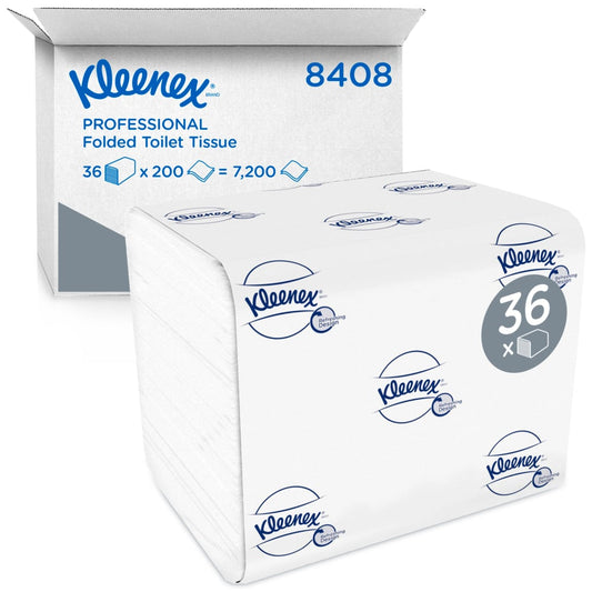 Eine geöffnete Schachtel mit der Aufschrift "Kleenex® Toilettenpapier - Einzelblattsytem / Weiß / 200" der Kimberly-Clark GmbH zeigt hochwertiges Toilettenpapier. Auf der Vorderseite befindet sich eine verpackte Packung mit dem Kleenex-Logo und der Aufschrift "36 x 200 = 7.200" auf der Schachtel.