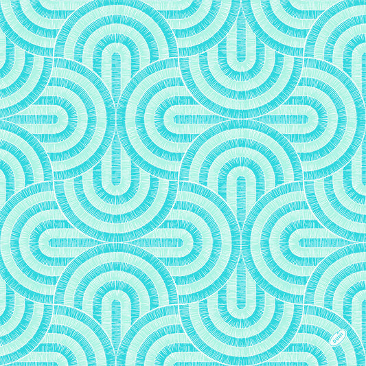 Ein nahtloses geometrisches Muster aus sich überschneidenden tealfarbenen und weißen Halbkreisen mit feinen Ausstrahlungslinien, ideal für Dunisoft-Serv. 40x40cm Servietten von Duni GmbH.
