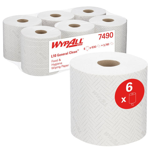 Abgebildet sind sechs Rollen WypAll® L10 Papierwischtuch für Lebensmittel & Hygiene von Kimberly-Clark GmbH mit dem roten Aufkleber "6 Rollen". Jeder Karton enthält 6 weiße Rollen à 630 Blatt. Ideal für Hygieneanwendungen und den Einsatz im Lebensmittelbereich.