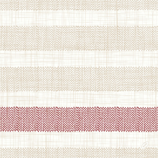 Die Dunilin Servietten 40x40 cm, Rigato Bordeaux von Duni GmbH haben einen weißen Hintergrund mit hellbeigen Querstreifen und einem kräftigen roten Punktstreifen im unteren Bereich. Packung mit 45 hochwertigen Servietten - ideal für eine stilvolle Tischdekoration.