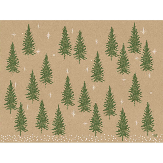 Die Papier-Tischsets 30x40cm Humble Trees der Duni GmbH zeigen einen braunen, recycelbaren Papierhintergrund mit Reihen von grünen Tannenbäumen und weißen Schneeflocken und bieten so ein umweltfreundliches, winterliches Design. Packung mit 250 Stück.