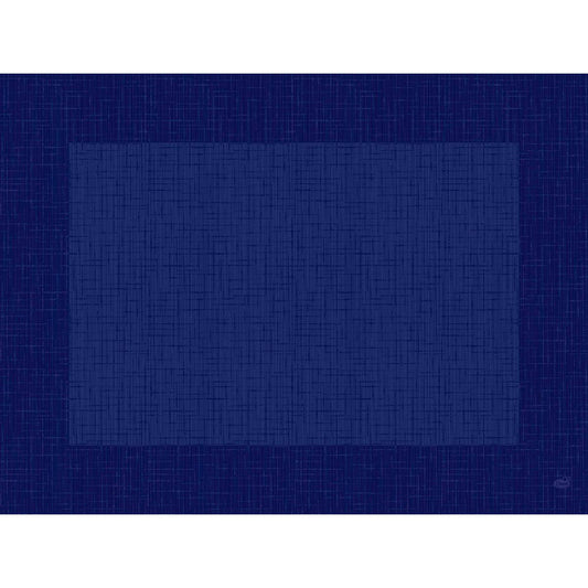 Ein rechteckiges Bild, inspiriert von den Bio-Dunicel-Sets 30x40 Linnea dunkelblau der Duni GmbH. Es zeigt sich mit sich kreuzenden blauen Linien, mit einem dunkelblauen Rand und einer helleren Mitte, die das gerahmte Aussehen und das nachhaltige Material der Tischsets widerspiegelt. Packung: 100 Stück.