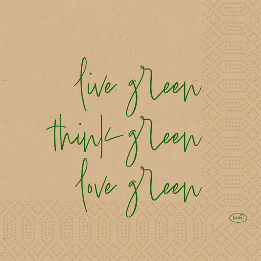 Beige Zellstoff Servietten 33 cm, 3-lagig von Duni GmbH mit grünem "live green, think green, love green" Schriftzug und geometrischen Dot-Mustern. Umweltfreundlich. Packung à 50 Stück.