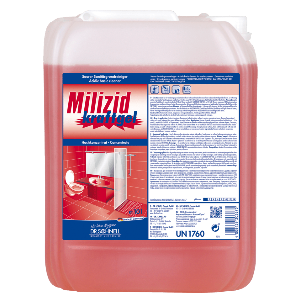 Egy nagy, átlátszó műanyag tartály Dr. Schnell MILIZID Kraftgel szaniter tisztítószer (savas, alapvető tisztításhoz) a DR.SCHNELL GmbH & Co. KGaA gyártmányában, vörös folyadékkal töltve, német nyelvű használati utasítással az ásványi lerakódások eltávolításához.