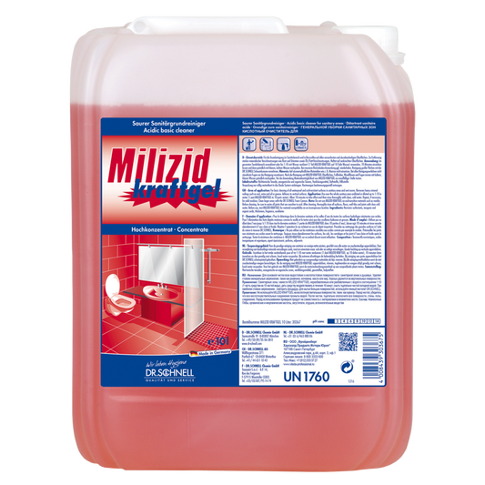 Ein großer, transparenter Kunststoffbehälter von Dr. Schnell MILIZID Kraftgel Sanitärreiniger (sauer für Grundreinigung) von DR.SCHNELL GmbH & Co. KGaA, gefüllt mit roter Flüssigkeit und deutscher Anleitung zur Entfernung mineralischer Ablagerungen.