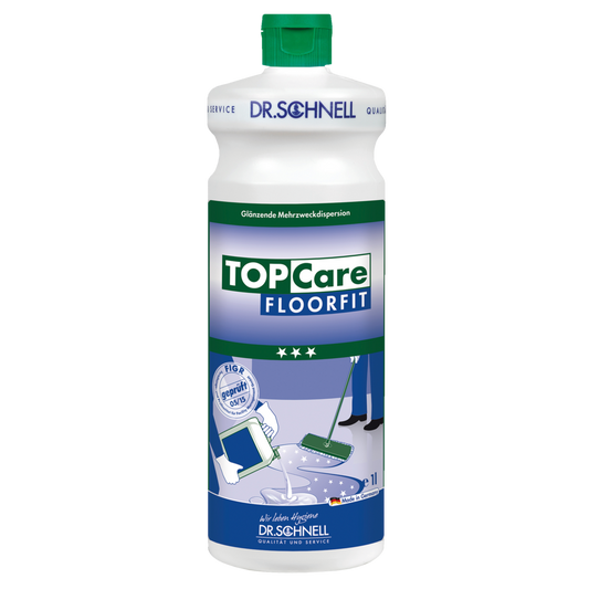 Eine weiße 1-Liter-Flasche der DR.SCHNELL GmbH & Co. KGaA Dr. Schnell TOPCARE FLOORFIT mit grüner Kappe und Etikett mit Mopp- und Tablettenmotiven, deutschem Text, ist ideal für die professionelle, streifenfreie Bodenreinigung als Mehrzwecklösung.