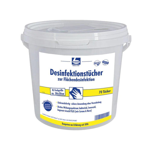 Die Dr. Becher Desinfektionstücher für Flächendesinfektion der Dr. Becher GmbH werden in einem weißen Behälter mit blau-gelbem Etikett geliefert, das auf die rückstandslose Desinfektion von Oberflächen hinweist. Der Behälter fasst 70 Tücher à 30 x 30 cm und verfügt über einen praktischen Deckel und Tragegriff.