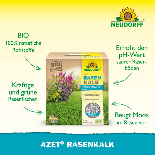 Eine Kiste Azet RasenKalk aus dem Neudorff Shop steht auf dem Rasen und präsentiert die Vorteile: 100% natürliche Materialien, grünere Rasenflächen, Erhöhung des pH-Werts in sauren Böden und Moosvorbeugung. Oben rechts ist das Neudorff-Logo zu sehen.