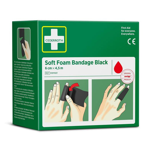 Eine grüne Schachtel mit der Aufschrift "Cederroth soft foam bandage schwarz 6 cm x 4,5m | Packung (1 Stück)" von Orkla Wound Care AB, mit Abbildungen von schwarzen Schaumstoff-Fingerverbänden und einem roten Wassertropfensymbol.