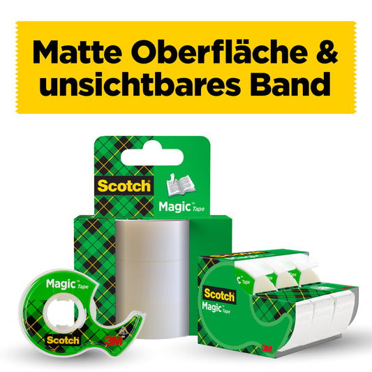 Abgebildet sind drei Packungen Scotch® Magic™ Unsichtbares Klebeband 8-1915R3/2 von 3M Deutschland GmbH: jede bietet 2 Rollen plus 1 Gratisrolle (19 mm x 15 m), ideal für Bastelarbeiten oder den Einsatz im Büro. Oben steht der deutsche Text "Matte Oberfläche & unsichtbares Band".