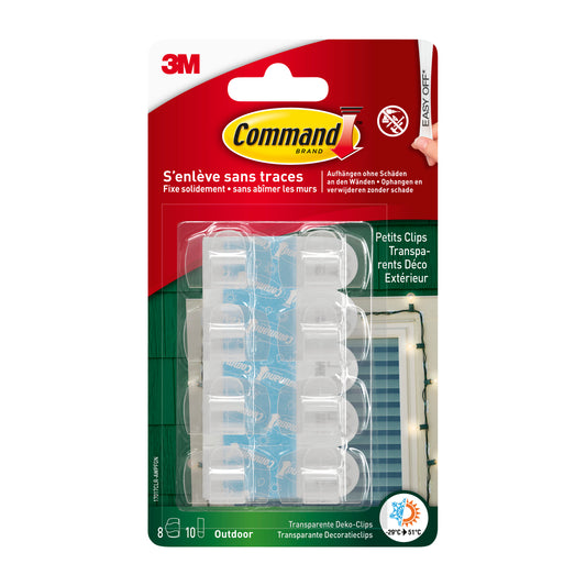 Command™ Outdoor Lichter-Clips, 17017CLR-AWPU von 3M Deutschland GmbH: 8 wetterbeständige Clips & 10 Streifen für Außenbeleuchtung. Verpackung mit Anleitung auf Französisch und Englisch.