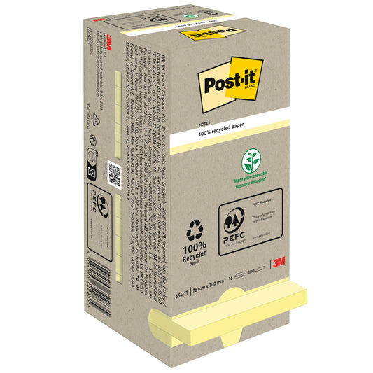 Eine beigefarbene Schachtel Post-it® Recycling Notes (76x76 mm, 100 Blatt, 100% PEFC) der 3M Deutschland GmbH zeigt Produktinformationen, Recycling-Symbole, PEFC-Zertifizierung und das 3M-Logo. Die gelben Haftnotizen sind am Boden teilweise sichtbar.