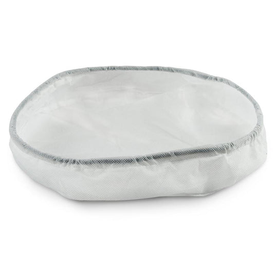 Ein weißes, rundes TASKI AERO 8/15 Vlies Filtertuch (Motorschutz) der Diversey Deutschland GmbH & Co. OHG mit grauem Rand, ausgeführt als Staubsaugerzubehör, liegt flach auf einer weißen Fläche. Erhältlich im 5er-Karton.