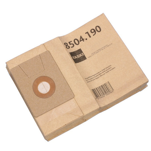 Abgebildet ist ein Stapel Doppelfilter Papiersack dorsalino Vakuumbeutel (Karton, 10 Packungen) für TASKI dorsalino von Diversey Deutschland GmbH & Co. OHG ist abgebildet; ein Beutel hat einen Kartonkragen mit runder Öffnung und die Produktnummer 8504.190.