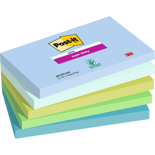 Ein Stapel von sechs Post-it® Super Sticky Notes, 76 mm x 127 mm, 90 Blatt pro Block, von 3M Deutschland GmbH, hergestellt aus 100% PEFC-zertifiziertem Papier in Pastellfarben wie Blau, Grün und Gelb.