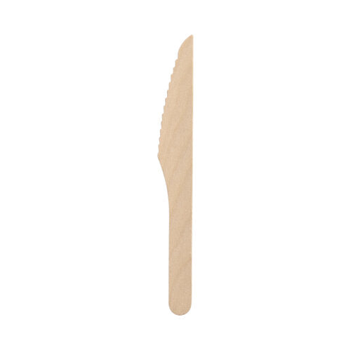 Das PAPSTAR GmbH 100 Messer Holz „pure“ 16,5 cm, gewachst, in der Faltschachtel (100 Stück), ist die nachhaltige Alternative zu Plastikbesteck – mit geradem Griff und gezackter Klinge vor weißem Hintergrund präsentiert.