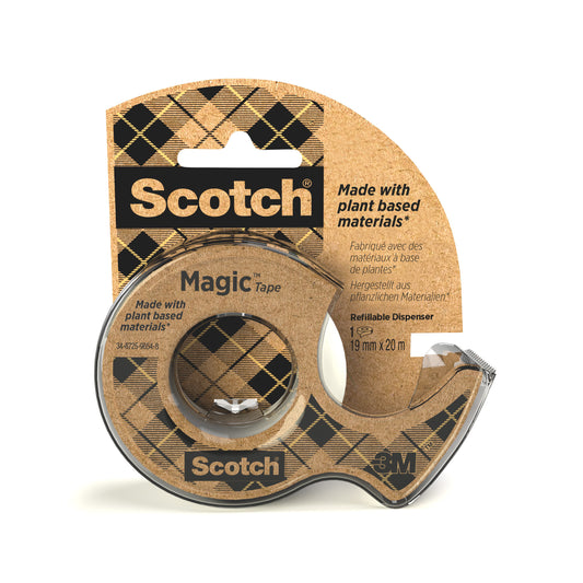 Das Scotch® Magic™ Klebeband 9-1920D von 3M Deutschland GmbH wird in einem Abroller aus recyceltem Material geliefert und besteht zu 66% aus pflanzlichem Klebstoff, was sein umweltfreundliches Design unterstreicht. (1 Rolle, 19 mm x 20 m).