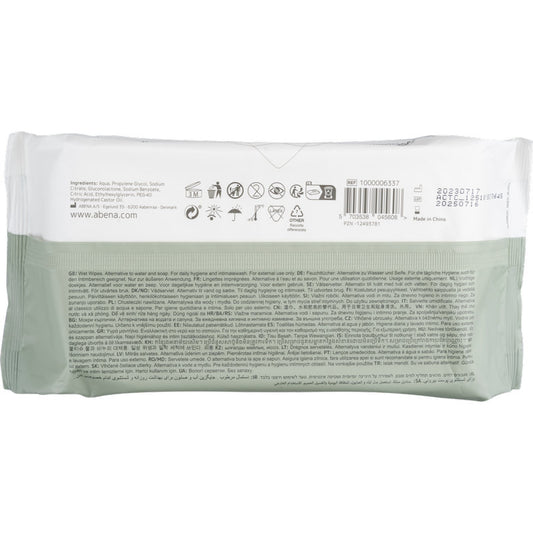 Die Rückseite der Abena Re-Seller GmbH Feuchtpflegetücher-Packung (80 Stück, 18x20 cm, Weiß, mit Klebeverschluss) zeigt Produktinfos, Verwendungssymbole, Barcode, Verfallsdatum und Herstellerangaben zur täglichen Hygiene in mehreren Sprachen.