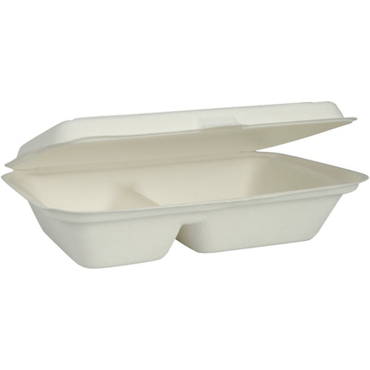 Weiße, rechteckige Menübox Bagasse von Abena Re-Seller GmbH, 2 Fächer, 25x16,2x6,3 cm, offen und leer dargestellt - biologisch abbaubare, nachhaltige Verpackung. Packung mit 50 Paaren.