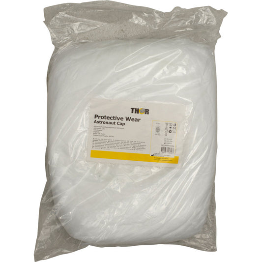 In einer durchsichtigen Plastiktüte befindet sich eine gefaltete weiße Astronautenschutzkappe mit der Aufschrift "Thor Astrohaube mit Mundschutz" der Abena Re-Seller GmbH, auf deren Etikett Produkt- und Sicherheitsinformationen aufgedruckt sind.