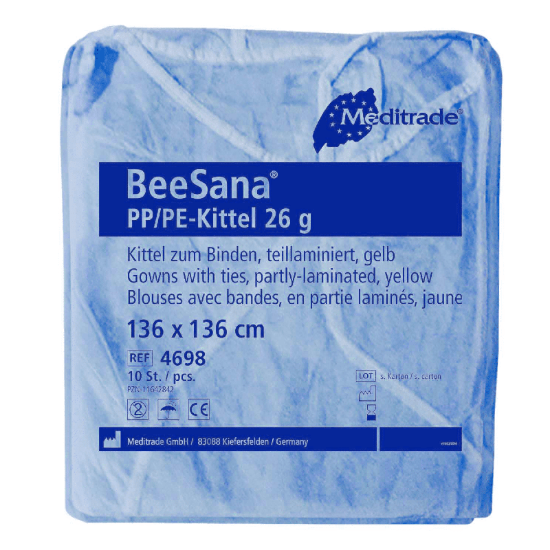 Kék csomagolású Meditrade BeeSana® PP/PE köpeny, 26 g, 10 darabos csomag, amelyen felirat található, amely feltünteti a termék adatait, mint például az anyagot, a színt, a méretet és a csomag tartalmát. Ez a köpeny védelmi célra készült.
