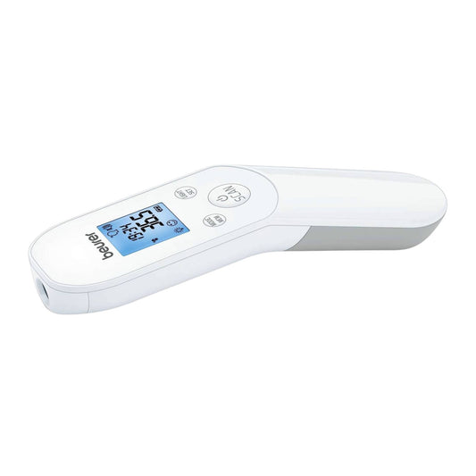 Der Auslaufartikel: Beurer kontaktloses Fieberthermometer FT 85 (1 Stück) der Beurer GmbH mit weißem Design, Display mit 35,6°C, mehreren Tasten und "Beurer"-Schriftzug für einfache und hygienische Temperaturmessung.