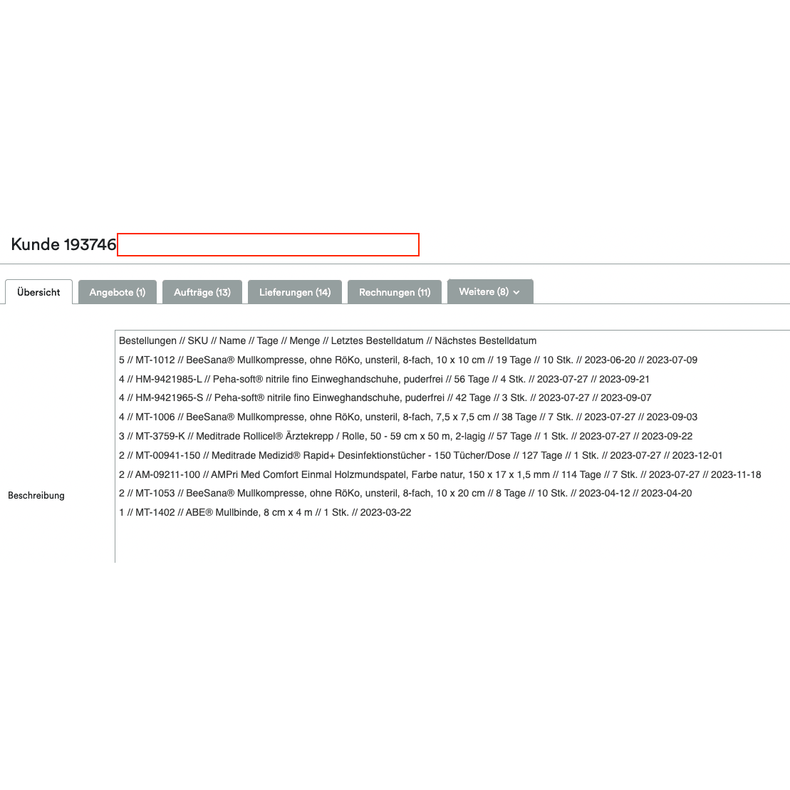 Egy képernyőkép, amely az Altruan ClientView Orders felületet mutatja különböző fülekkel, mint például „Áttekintés”, „Ajánlatok” és mások. Legfelül a 193746-os ügyfélszám van kiemelve. A következő szakasz a Weclapp ügyféláttekintést mutatja a vásárolt termékek szerint.