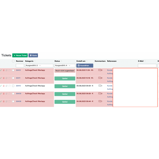 Screenshot von OrderGuardian: Weclapp Auftrags-Überprüfungssystem zeigt mehrere Ticketeinträge mit Details wie Ticketnummer, Kategorie, Status, Kunde und Datum, hervorgehoben durch ein rotes Rechteck in einem Abschnitt im Altruan-Cloud-Dienst.