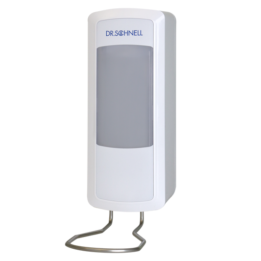 Ein weißer wandmontierter Dr. Schnell Spender V10N der DR.SCHNELL GmbH & Co. KGaA mit einer großen grauen Frontplatte mit der Aufschrift DR. SCHNELL" und ist an einem Metallständer befestigt - ideal für den hygienischen Einsatz von Reinigungs- und Desinfektionslösungen.