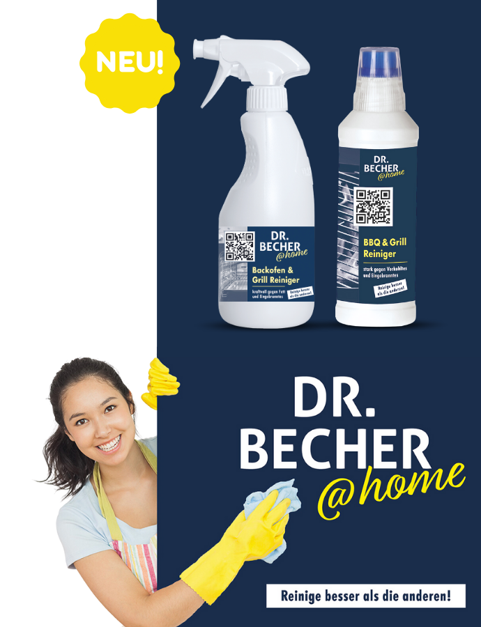 Zwei Flaschen Dr. Becher BBQ & Grill Reiniger sind auf einem dunkelblauen Hintergrund abgebildet. Eine lächelnde Frau mit gelben Handschuhen hält ein Tuch. Der Text lautet