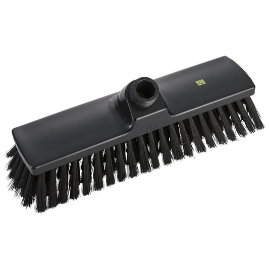 Der ESD BESEN, NYLON 6.0 SCHWARZ ø0,30MM WEICH,300X70X50MM von Haug Bürsten KG ist ein schwarzer antistatischer Besenkopf mit weichen Nylonborsten und einem Stielansatz, ideal für die Reinigung empfindlicher Oberflächen. Abgebildet vor einem weißen Hintergrund.