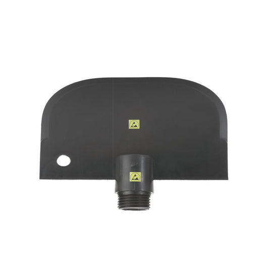 Der ESD SCHABER GROß von Haug Bürsten KG ist ein schwarzer ESD-sicherer PP-Werkzeugkopf mit breiter, flacher Klinge, Adapter für IN-UP, unterem Mittelgewindeanschluss, linksseitiger Bohrung und zwei Warnsymbolen auf der Vorderseite.