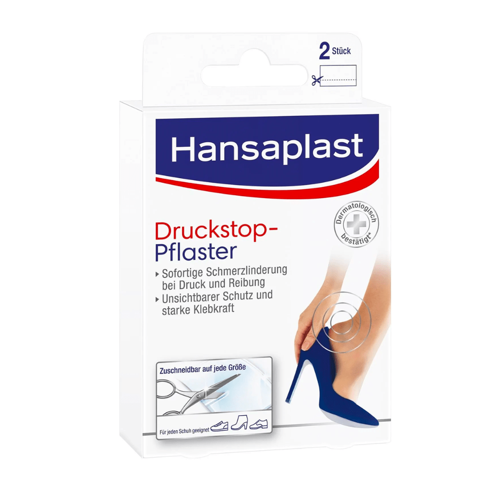 A Beiersdorf AG Hansaplast nyomáscsökkentő tapaszának csomagolása egy női láb képeivel, magassarkú cipőben, amely a nyomás okozta fájdalom enyhítését ígéri. A szöveg német nyelvű és hangsúlyozza a védelmet.